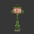 Vintage Metro Sign Structure With Green Decorative Pole And Red Panel