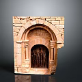 Ancient Architecture Featuring Stone Archway With Decorative Columns And Wooden Door