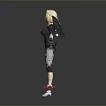 Futuristic Game and Movie Character with Blonde Hair Black Outfit Red Accents and Mechanical Legs
