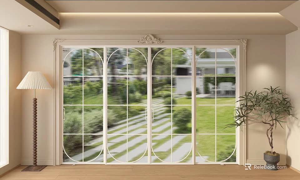 Elegant Glass Sliding Doors With Garden View And Decorative Frame In Interior 3d model 