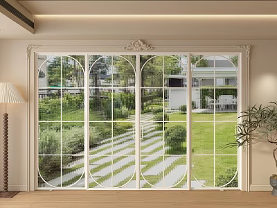 Elegant Glass Sliding Doors With Garden View And Decorative Frame In Interior 3d model
