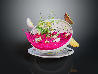 Vibrant Soup Bowl With Pink Broth Splashing Green Herbs Egg And Crusty Bread 3d model