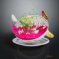 Vibrant Soup Bowl With Pink Broth Splashing Green Herbs Egg And Crusty Bread