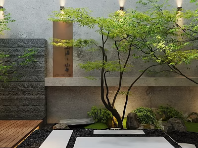 Modern Garden Design With Leafy Tree Stone Wall Wooden Deck Stones Small Plants And Lighting 3d model