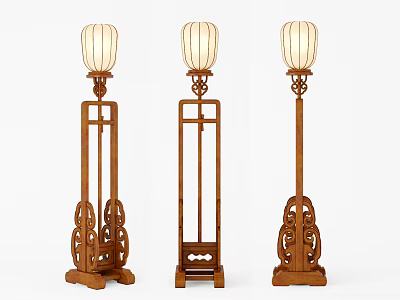 Chinese Style Wooden Floor Lamps With Carved Base And White Lampshade Design 3d model