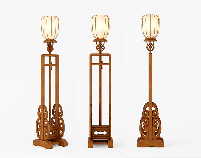 Chinese Style Wooden Floor Lamps With Carved Base And White Lampshade Design 3d model