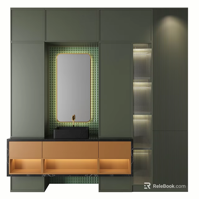 Modern Bathroom Vanity Design With Dark Green Cabinets Gold Frame Mirror And Orange Drawers 3d model 