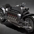 Silver Metallic Motorcycle With Unique Retro Futuristic Design And Large Chrome Wheels