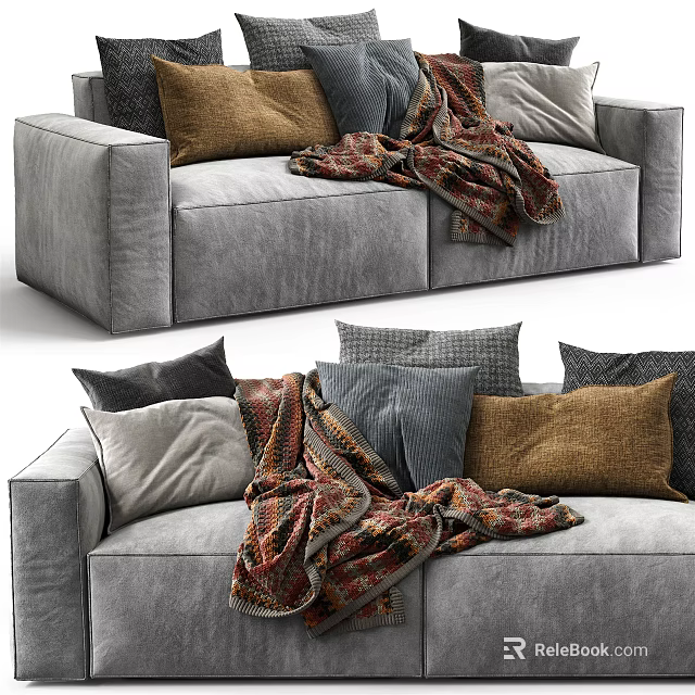 Cozy Gray Two Seater Sofa With Mixed Color Pillows And Patterned Blanket 3d model
