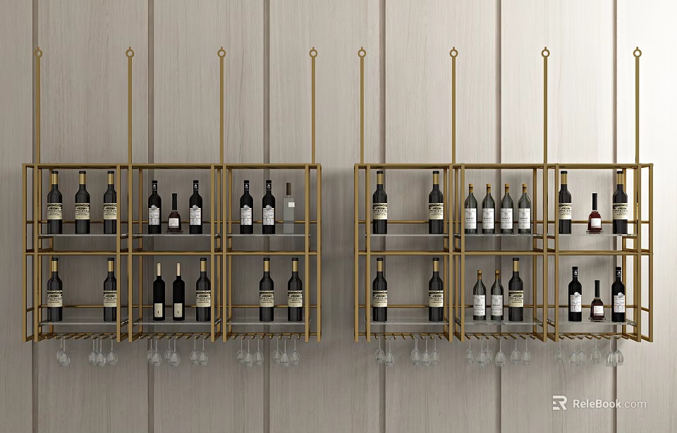Elegant Gold Frame Wine Rack with Wine Bottles and Glasses on Wooden Wall 3d model 
