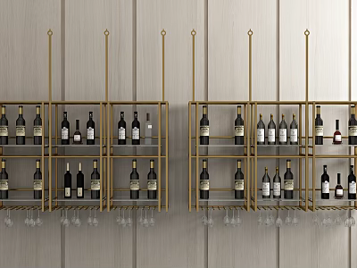 Elegant Gold Frame Wine Rack with Wine Bottles and Glasses on Wooden Wall 3d model