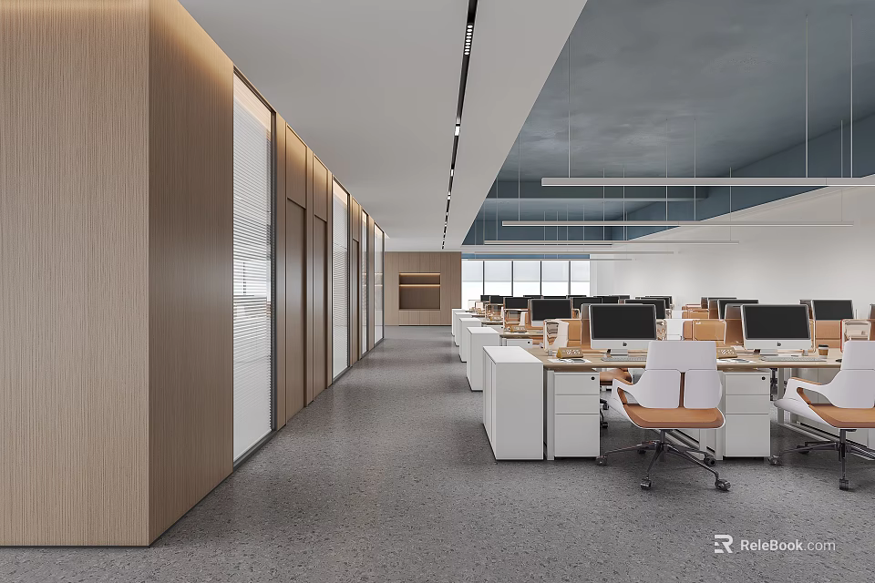 Modern Bright Spacious Open Plan Office Interior With Wooden Partitions And Fully Equipped Workstations 3d model 