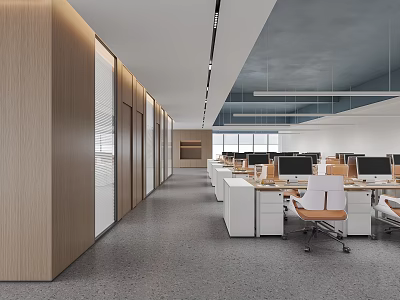 Modern Bright Spacious Open Plan Office Interior With Wooden Partitions And Fully Equipped Workstations 3d model