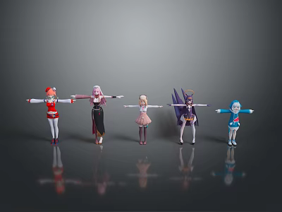 Five Female Game Movie Character Models With Different Outfits Hairstyles Standing In Row Gray Background Reflections 3d model