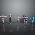 Five Female Game Movie Character Models With Different Outfits Hairstyles Standing In Row Gray Background Reflections