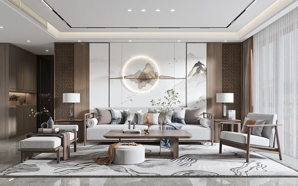 Modern Chinese Living Room Interior Design With Sofa Coffee Table Rug And Mountain Painting 3d model 