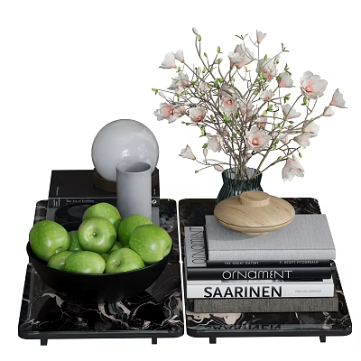 Decorative Ornament Set With Green Apples White Flowers Sphere Vase Wooden Lid Container And Books 3d model