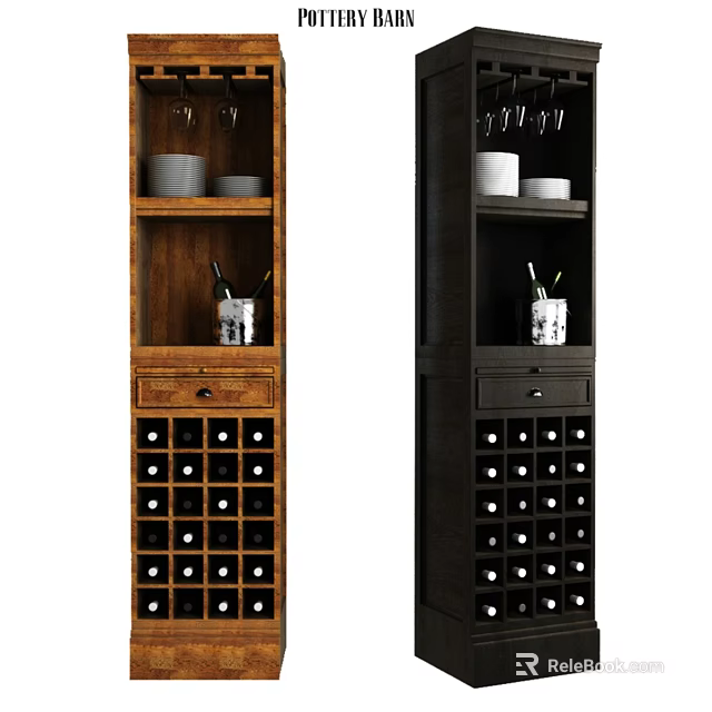 Brown and Black Cabinet With Open Shelves Drawer Wine Rack Bowls Wine Glasses And Bottles 3d model 