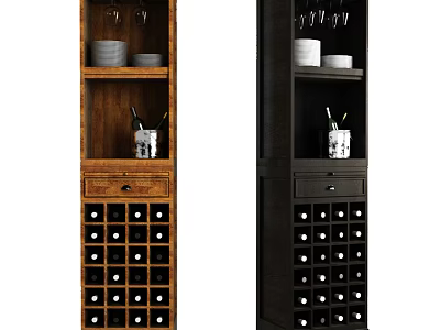 Brown and Black Cabinet With Open Shelves Drawer Wine Rack Bowls Wine Glasses And Bottles 3d model