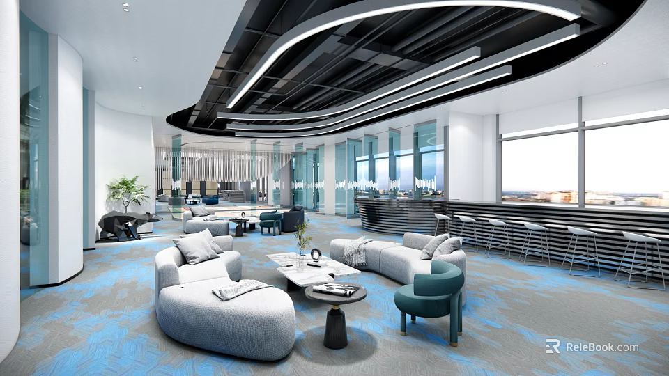 Modern Lounge Area With Comfortable Sofas Coffee Tables Green Plants And Large Windows 3d model