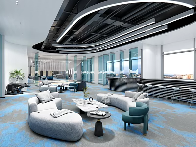 Modern Lounge Area With Comfortable Sofas Coffee Tables Green Plants And Large Windows 3d model