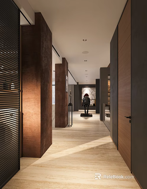 Modern Entryway Hallway Design With Wooden Walls Warm Lighting And Decorative Flooring 3d model 