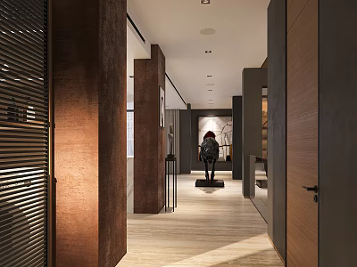 Modern Entryway Hallway Design With Wooden Walls Warm Lighting And Decorative Flooring 3d model