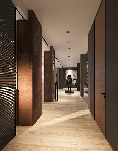 Modern Entryway Hallway Design With Wooden Walls Warm Lighting And Decorative Flooring 3d model