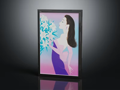 Elegant Woman Portrait Painting With White Flowers On Pink Blue Gradient Background And Black Frame 3d model