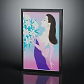 Elegant Woman Portrait Painting With White Flowers On Pink Blue Gradient Background And Black Frame