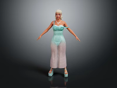Woman in Light Green Strappy Dress with Transparent Mesh Fabric and High Heels and Golden Hair 3d model