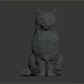 Gray Detailed Textured Cat Sculpture Sitting on Shiny Base Against Dark Background