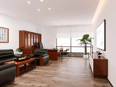 Modern Office With Open Workspace Sofa Coffee Table Green Plant Bookcase Desk And Floor-to-Ceiling Window 3d model