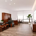 Modern Office With Open Workspace Sofa Coffee Table Green Plant Bookcase Desk And Floor-to-Ceiling Window
