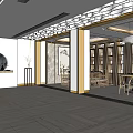 Luxurious Clubhouse Interior Featuring Display Shelves Chandeliers Golden Patterned Wall And Wooden Flooring