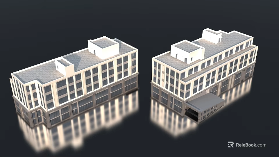 Two Modern Office Building Exteriors With Windows Rooftop And Reflections 3d model