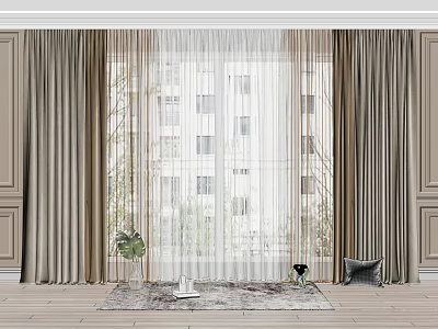 Elegant Beige Curtains With White Sheer Panels For Living Room Window 3d model