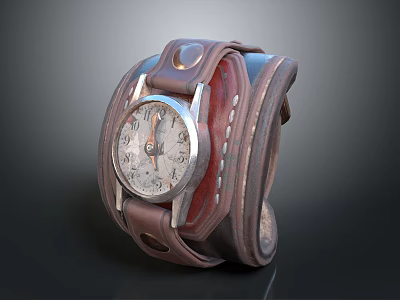 Vintage Brown Leather Strap Watch With Round Silver Dial And Analog Hands 3d model