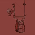 Gray Brick Wall Mounted Gas Meter With Pipes And Red Valve 3d model