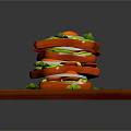 Stacked Sandwich With Fried Egg Green Sauce Tomato Slices On Wooden Cutting Board
