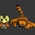 Orange Garfield Waving Hand And Yellow Dog Toy Figures With Tongue Out On Dark Surface