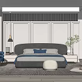 Modern Bedroom Interior With Gray Paneled Walls Dark Headboard And Blue Armchair