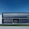 Modern Sales Office Building Architecture with Glass Curtain Wall White Roof And Blue Paved Ground