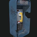 Vintage Public Telephone In Blue Booth With Yellow Handset And Keypad Stickers