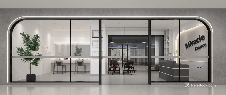 Modern Reception Desk Interior Design With Glass Partitions And Office Chairs 3d model 