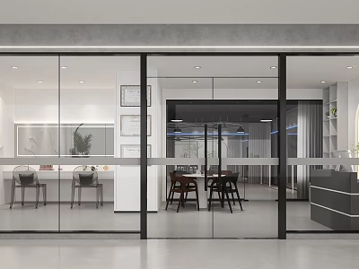 Modern Reception Desk Interior Design With Glass Partitions And Office Chairs 3d model
