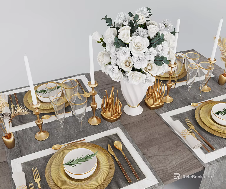 Elegant Dinnerware Set with Golden Utensils White Flower Centerpiece and Candle Holders 3d model 