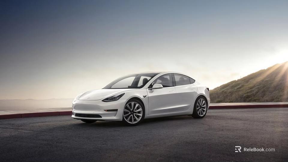 White Tesla Model 3 Electric Car Parked On Open Road With Mountain Sky View 3d model 
