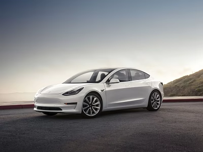 White Tesla Model 3 Electric Car Parked On Open Road With Mountain Sky View 3d model