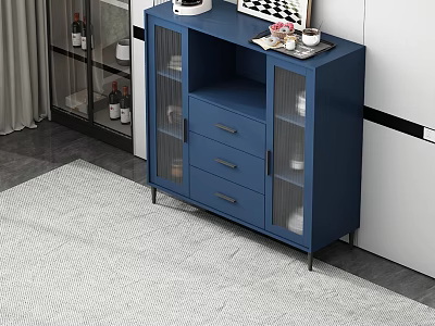 Modern Blue Sideboard With Glass Doors Drawers And Metal Legs In Living Room 3d model